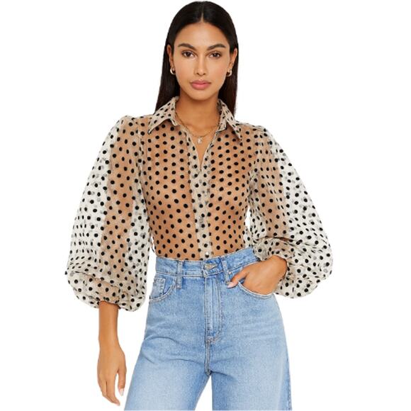 IVIVI Collection Sheer Button Front Polka Dot Blouse NWT B&W Size Small - Picture 1 of 4